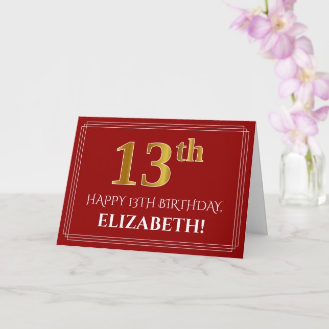 Elegant Faux Gold Look "13th" Birthday, Name (Red) Card (Orchid)