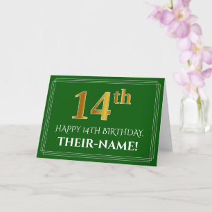 Elegant Faux Gold Look 14th Birthday, Name (Green) Card