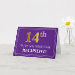 [ Thumbnail: Elegant Faux Gold Look 14th Birthday, Name; Purple Card ]
