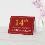 [ Thumbnail: Elegant Faux Gold Look "14th" Birthday, Name (Red) Card ]
