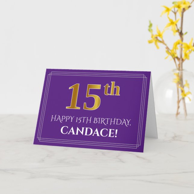 Elegant Faux Gold Look 15th Birthday, Name; Purple Card (Yellow Flower)