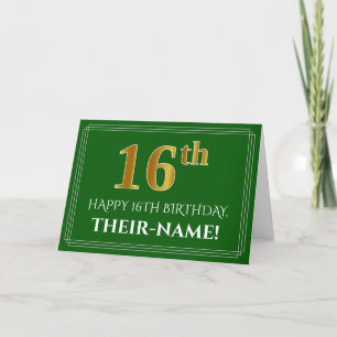 Elegant Faux Gold Look 16th Birthday, Name (Green) Card