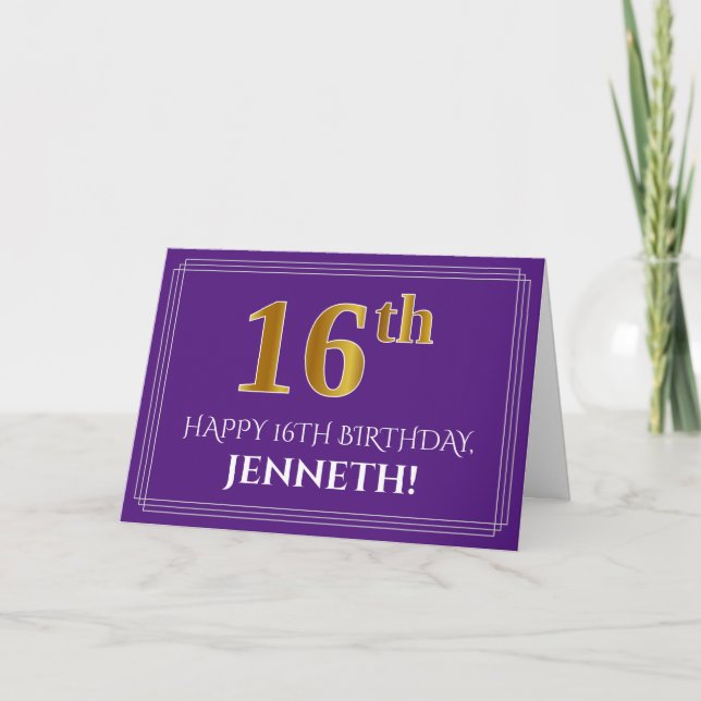 Elegant Faux Gold Look 16th Birthday, Name; Purple Card (Front)