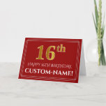 [ Thumbnail: Elegant Faux Gold Look "16th" Birthday, Name (Red) Card ]