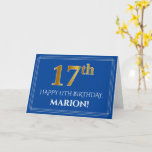 [ Thumbnail: Elegant Faux Gold Look 17th Birthday, Name (Blue) Card ]