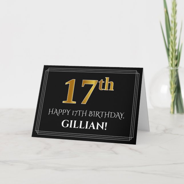 Elegant Faux Gold Look "17th" Birthday + Name Card (Front)