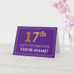 [ Thumbnail: Elegant Faux Gold Look 17th Birthday, Name; Purple Card ]