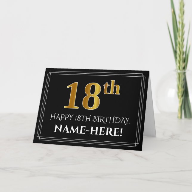 Elegant Faux Gold Look "18th" Birthday + Name Card (Front)