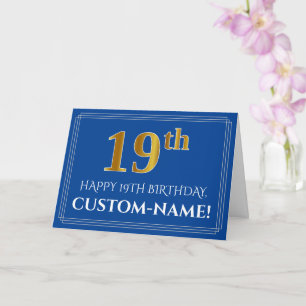 Elegant Faux Gold Look 19th Birthday, Name (Blue) Card