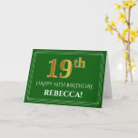 [ Thumbnail: Elegant Faux Gold Look 19th Birthday, Name (Green) Card ]