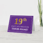 [ Thumbnail: Elegant Faux Gold Look 19th Birthday, Name; Purple Card ]