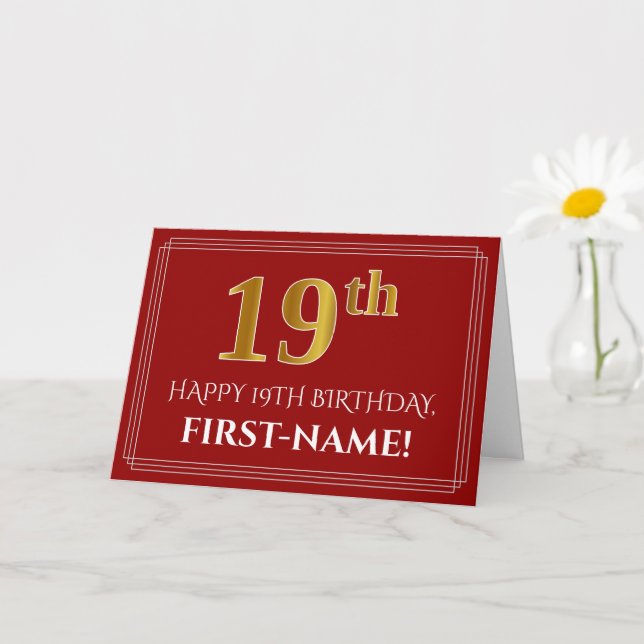 Elegant Faux Gold Look "19th" Birthday, Name (Red) Card (Small Plant)