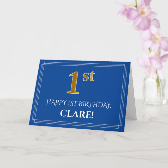 Elegant Faux Gold Look 1st Birthday, Name (Blue) Card (Orchid)