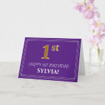 [ Thumbnail: Elegant Faux Gold Look 1st Birthday, Name; Purple Card ]