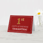 [ Thumbnail: Elegant Faux Gold Look "1st" Birthday, Name (Red) Card ]