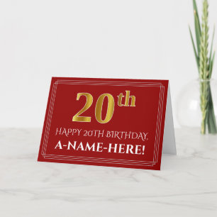 Elegant Faux Gold Look "20th" Birthday, Name (Red) Card