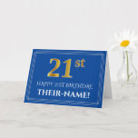 [ Thumbnail: Elegant Faux Gold Look 21st Birthday, Name (Blue) Card ]