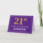 [ Thumbnail: Elegant Faux Gold Look 21st Birthday, Name; Purple Card ]