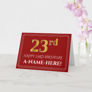 Elegant Faux Gold Look "23rd" Birthday, Name (Red) Card