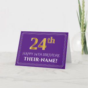 Elegant Faux Gold Look 24th Birthday, Name; Purple Card