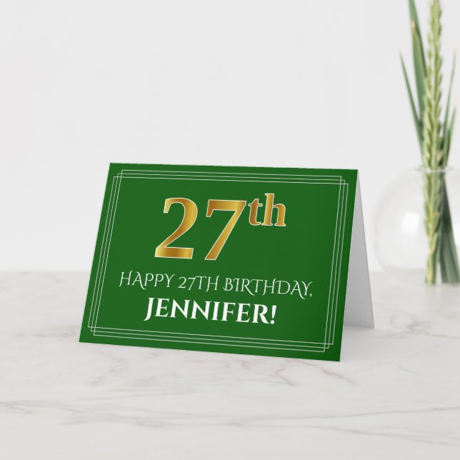 Elegant Faux Gold Look 27th Birthday, Name (Green) Card (Front)