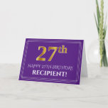[ Thumbnail: Elegant Faux Gold Look 27th Birthday, Name; Purple Card ]