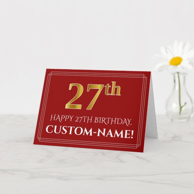 Elegant Faux Gold Look "27th" Birthday, Name (Red) Card (Small Plant)