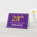 [ Thumbnail: Elegant Faux Gold Look 28th Birthday, Name; Purple Card ]
