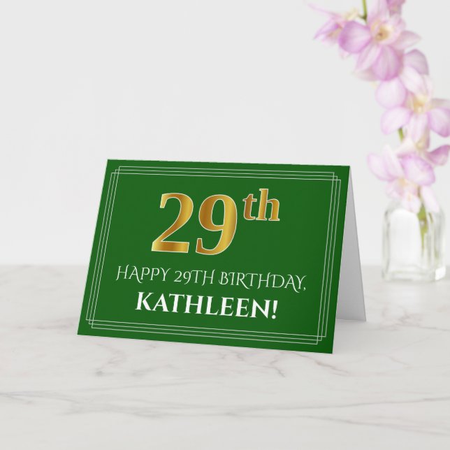 Elegant Faux Gold Look 29th Birthday, Name (Green) Card (Orchid)