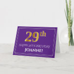 [ Thumbnail: Elegant Faux Gold Look 29th Birthday, Name; Purple Card ]