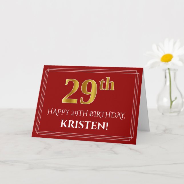 Elegant Faux Gold Look "29th" Birthday, Name (Red) Card (Small Plant)