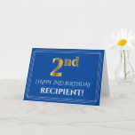 [ Thumbnail: Elegant Faux Gold Look 2nd Birthday, Name (Blue) Card ]