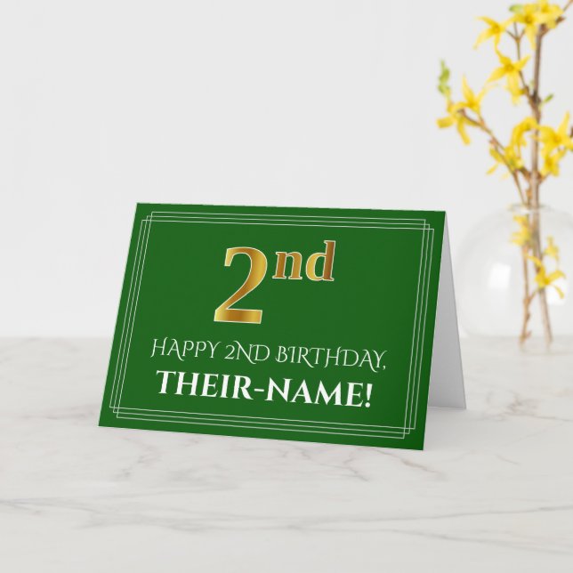 Elegant Faux Gold Look 2nd Birthday, Name (Green) Card (Yellow Flower)