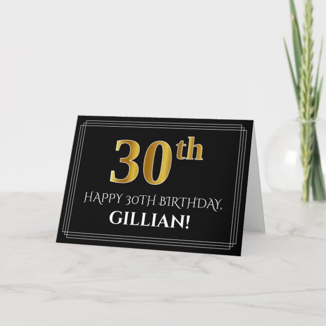 Elegant Faux Gold Look "30th" Birthday + Name Card (Front)
