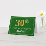 [ Thumbnail: Elegant Faux Gold Look 30th Birthday, Name (Green) Card ]