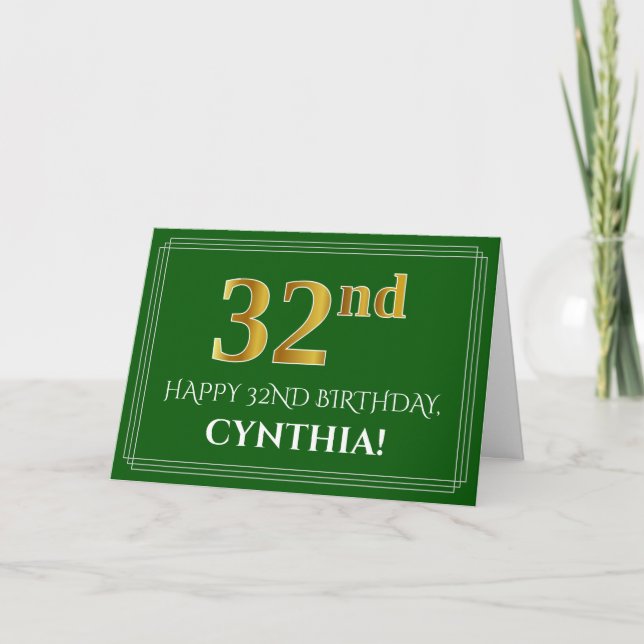 Elegant Faux Gold Look 32nd Birthday, Name (Green) Card (Front)