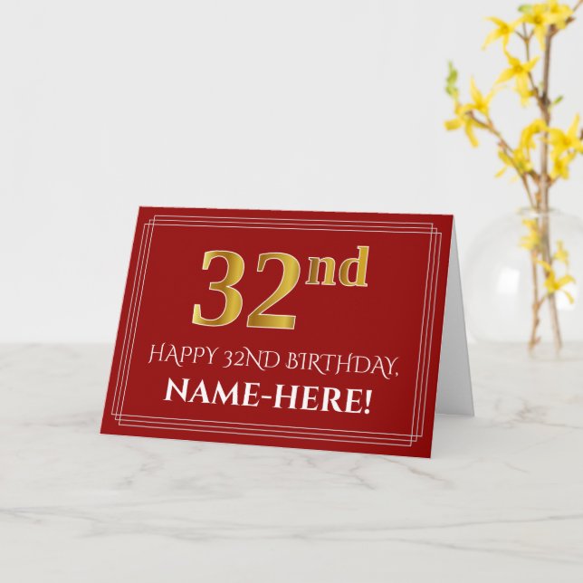 Elegant Faux Gold Look "32nd" Birthday, Name (Red) Card (Yellow Flower)