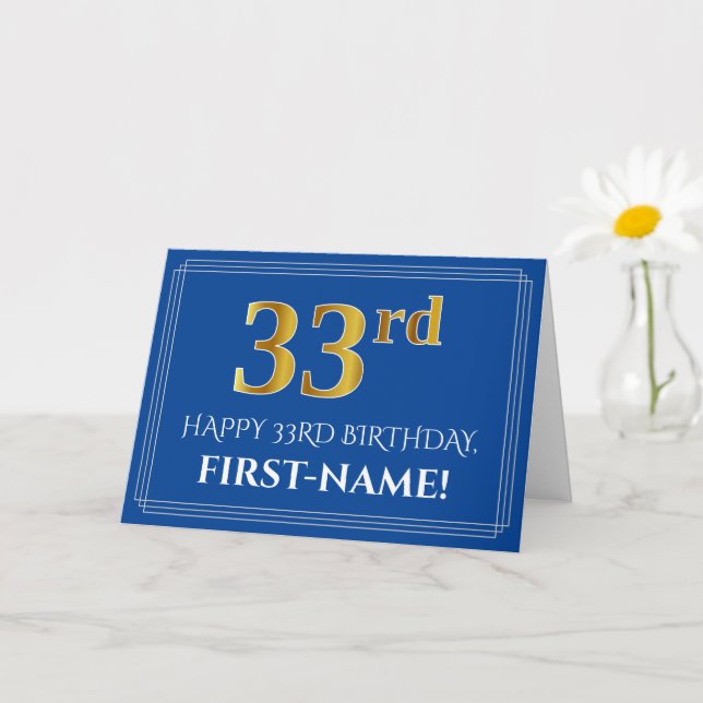 Elegant Faux Gold Look 33rd Birthday, Name (Blue) Card (Small Plant)