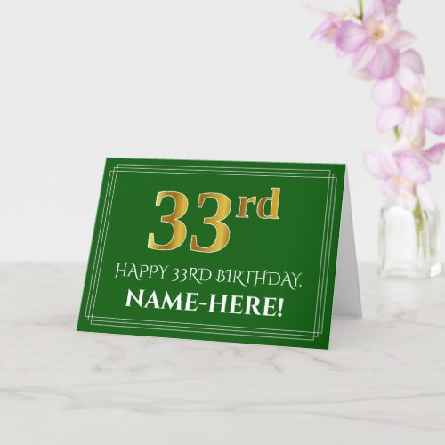 Elegant Faux Gold Look 33rd Birthday Name Green Card