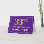 [ Thumbnail: Elegant Faux Gold Look 33rd Birthday, Name; Purple Card ]