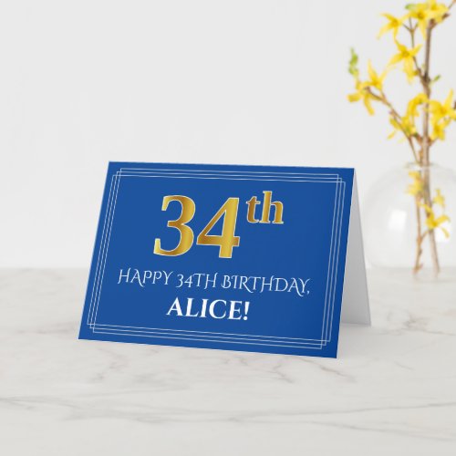 Elegant Faux Gold Look 34th Birthday Name Blue Card