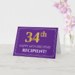 [ Thumbnail: Elegant Faux Gold Look 34th Birthday, Name; Purple Card ]