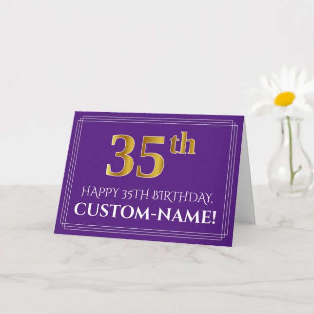 Elegant Faux Gold Look 35th Birthday, Name; Purple Card (Small Plant)