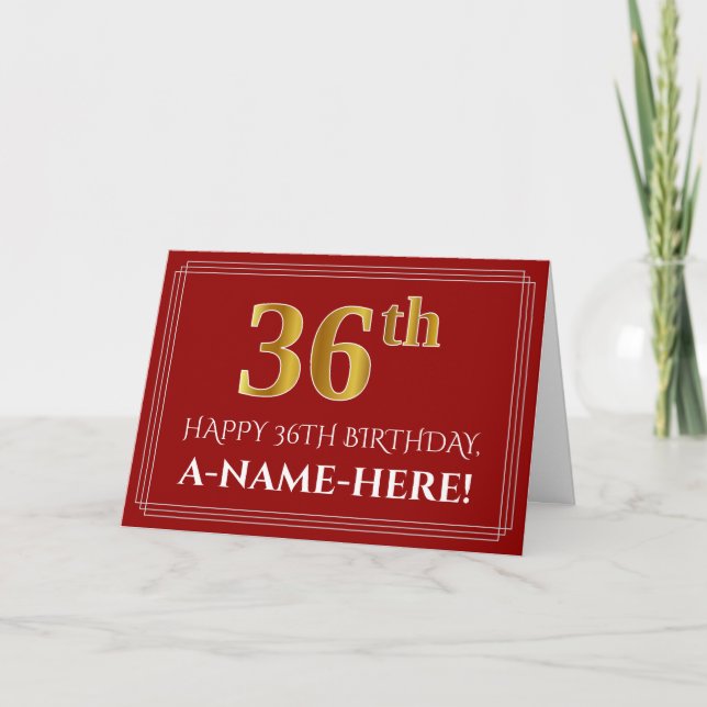 Elegant Faux Gold Look "36th" Birthday, Name (Red) Card (Front)