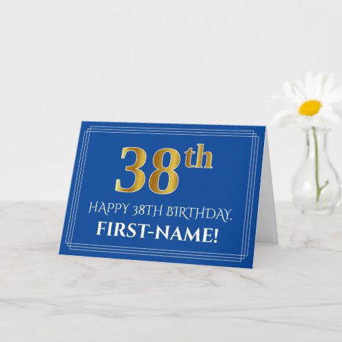 Elegant Faux Gold Look 38th Birthday Name Blue Card