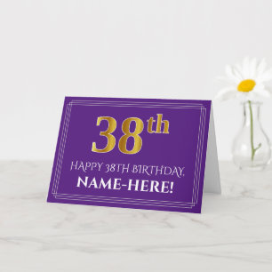 Elegant Faux Gold Look 38th Birthday, Name; Purple Card