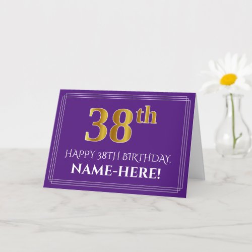 Elegant Faux Gold Look 38th Birthday Name Purple Card