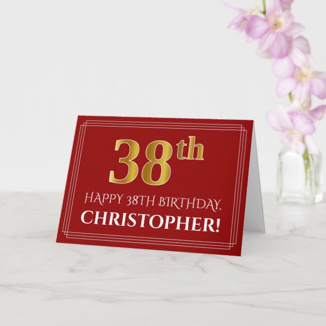 Elegant Faux Gold Look "38th" Birthday, Name (Red) Card (Orchid)