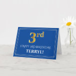 [ Thumbnail: Elegant Faux Gold Look 3rd Birthday, Name (Blue) Card ]