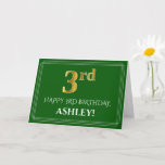[ Thumbnail: Elegant Faux Gold Look 3rd Birthday, Name (Green) Card ]